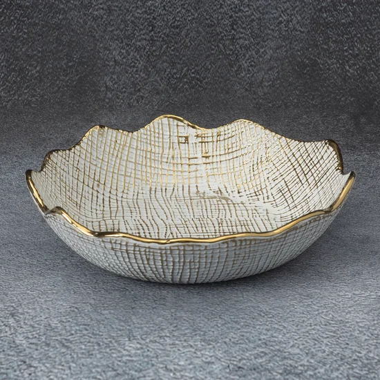 Misa ceramiczna SELMA z wytłaczanym wzorem biało-złota - ∅ 30 x 8 cm - biały
