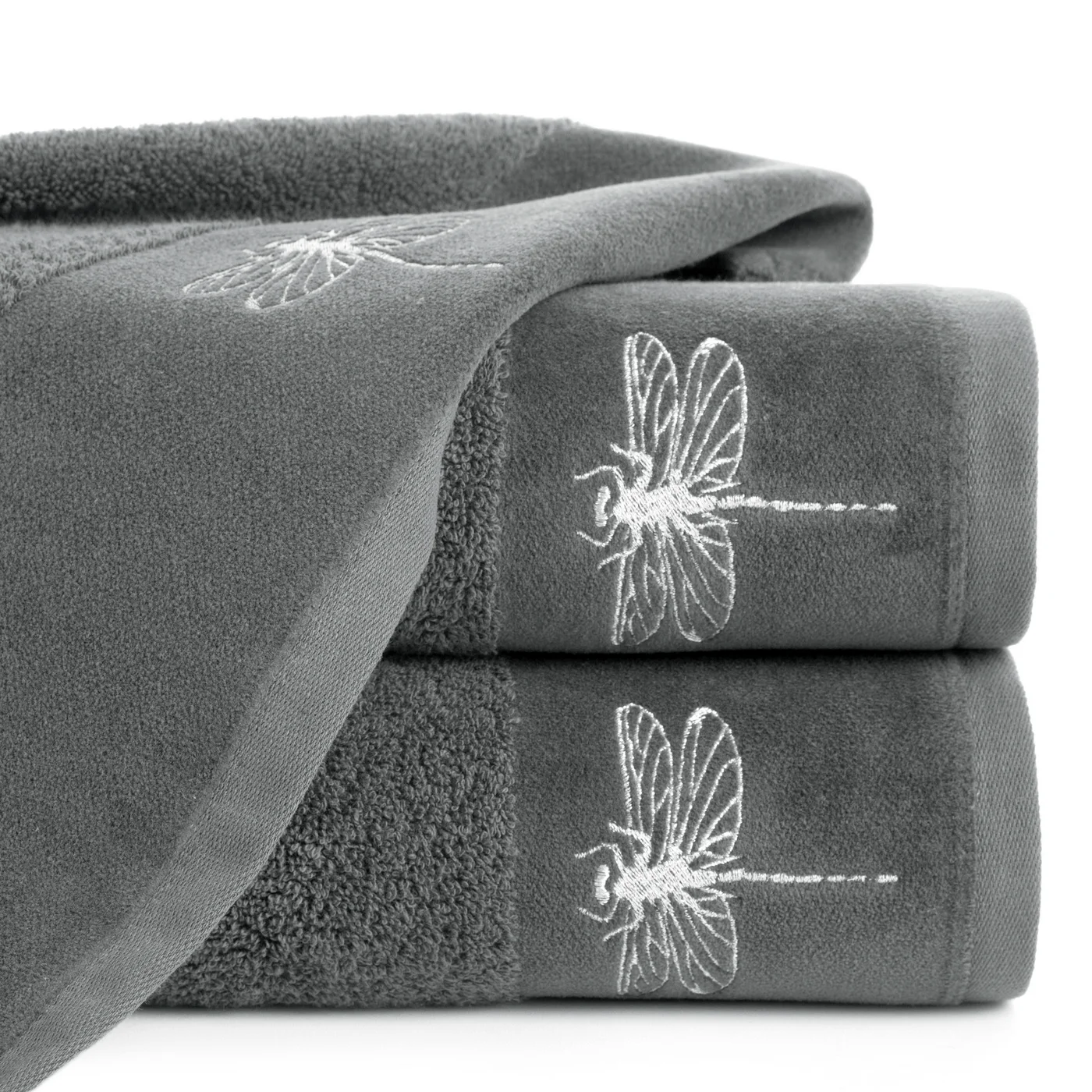 Ręcznik z błyszczącym haftem w kształcie ważki na szenilowej bordiurze