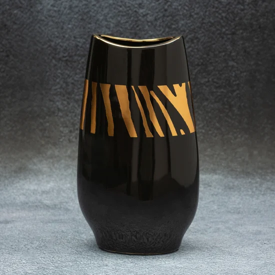 Wazon ceramiczny SELENA  czarny ze złotym zdobieniem - 14 x 8 x 28 cm - czarny
