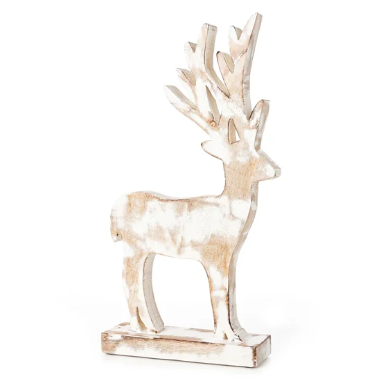 Figurka świąteczna z naturalnego drewna w kształcie renifera - 18 x 5 x 37 cm - jasnobrązowy