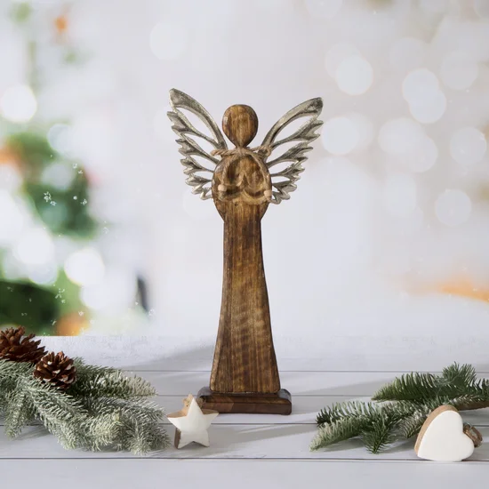 Figurka świąteczna Aniołek z srebrnymi skrzydłami - 17 x 5 x 34 cm - brązowy