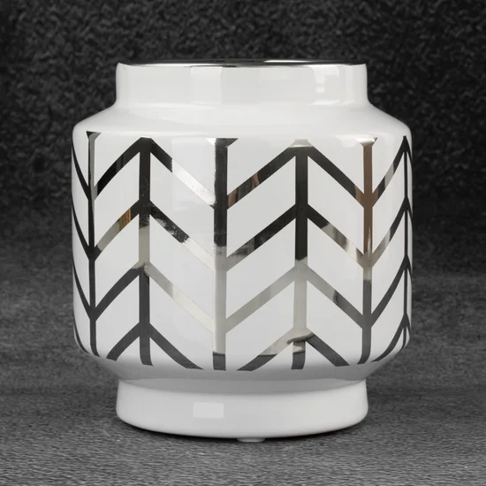 Wazon ceramiczny EMERA z geometrycznym wzorem biało-srebrny - ∅ 12 x 13 cm - biały