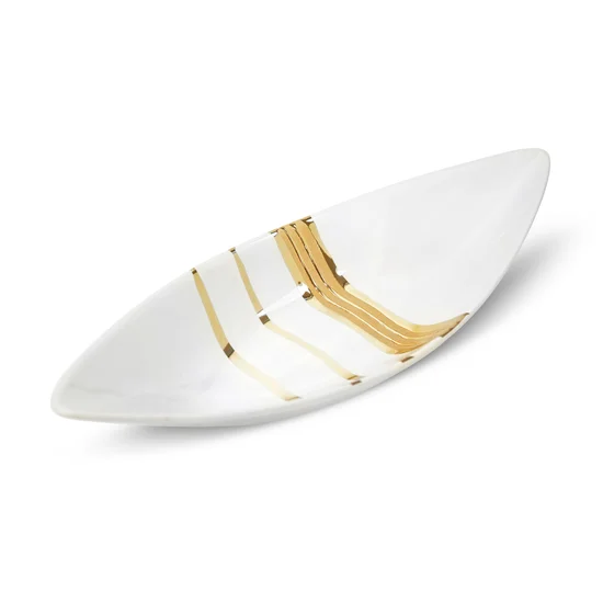 Patera ceramiczna w kształcie łódeczki biało-złota - 34 x 12 x 7 cm - biały