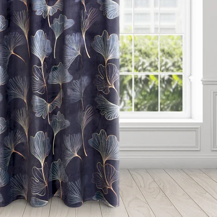 Zasłona GINKO z miękkiego welwetu z nadrukiem liści miłorzębu Zasłona GINKO z miękkiego welwetu z nadrukiem liści miłorzębu - 140 x 250 cm