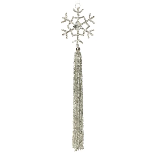 Ozdoba świąteczna śnieżynka z dekoracyjnym chwostem wykończona koralikami i lśniącymi kryształkami na dekoracyjnej wstążeczce - 6 x 22 cm - srebrny