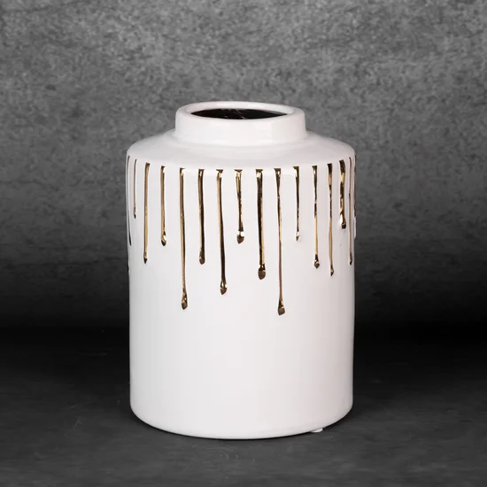 Wazon ceramiczny LUIS z motywem cieknącej złotej farby - ∅ 15 x 21 cm - biały