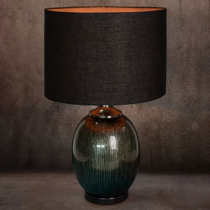 Lampa stołowa AMIRA na szklanej podstawie z opalizującego szkła z abażurem z matowej tkaniny Lampa stołowa AMIRA na szklanej podstawie z opalizującego szkła z abażurem z matowej tkaniny - ∅ 38 x 60 cm