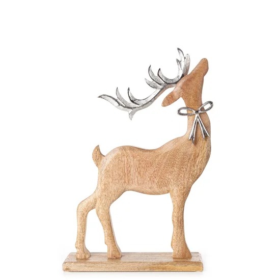 Figurka świąteczna drewniany JELEŃ ze srebrnymi rogami i kokardką - 21 x 7 x 33 cm - jasnobrązowy
