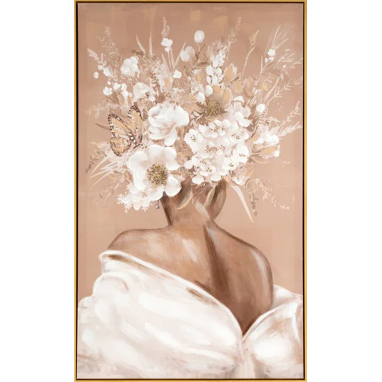 Obraz EMMA 1 kobieta w nakryciu głowy z kwiatów ręcznie malowany na płótnie - 60 x 100 cm - beżowy