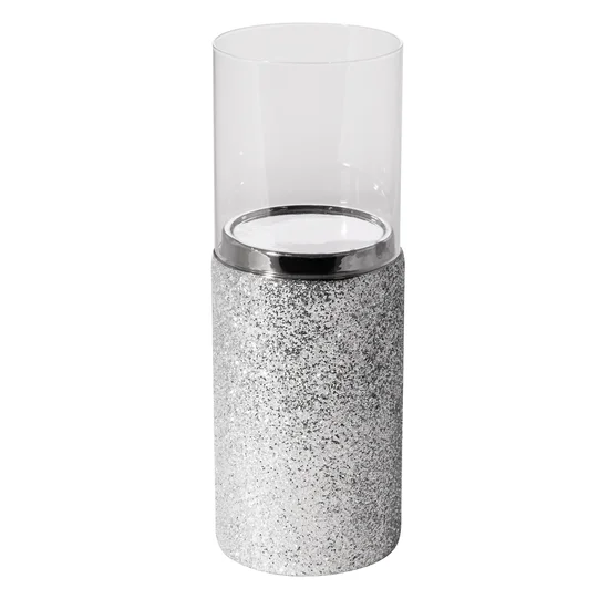 Świecznik ceramiczny dekorowany brokatem ze szklaną osłonką - ∅ 12 x 34 cm - srebrny
