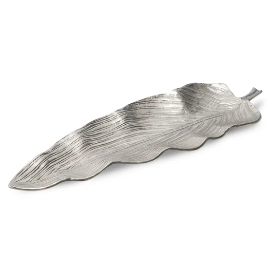 Patera metalowa SARA srebrny liść z wytłoczeniami - 55 x 19 x 4 cm - srebrny