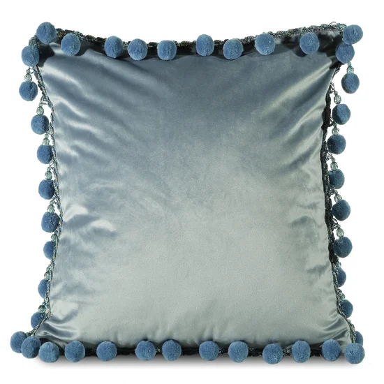 Poszewka welwetowa z pomponami i kryształkami - 45 x 45 cm - niebieski