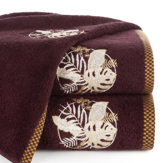 Ręcznik  PALMS bawełniany z haftowaną bordiurą w egzotyczne liście - 50 x 90 cm - bordowy