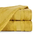 Ręcznik z żakardową bordiurą w geometrycznym stylu - 70 x 140 cm - musztardowy 1