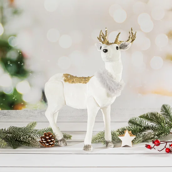 Figurka świąteczna RENIFER z welwetu wykończony lśniącym złotym brokatem - 20 x 11 x 36 cm - biały