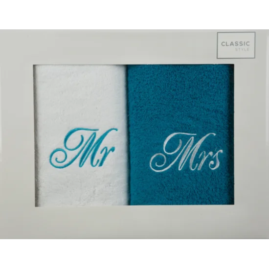 Komplet ręczników z haftem Mrs&Mr w kartonowym opakowaniu - 47 x 37 x 7 cm - biały