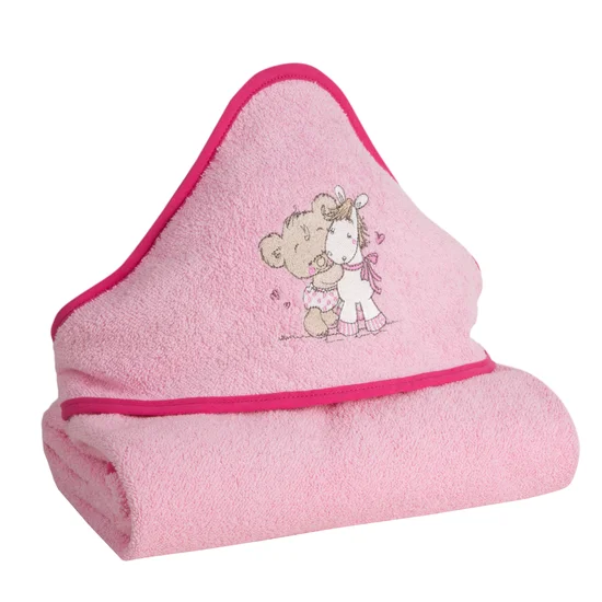 Ręcznik BABY z kapturem z haftowaną aplikacją z misiem i osiołkiem - 100 x 100 cm - różowy