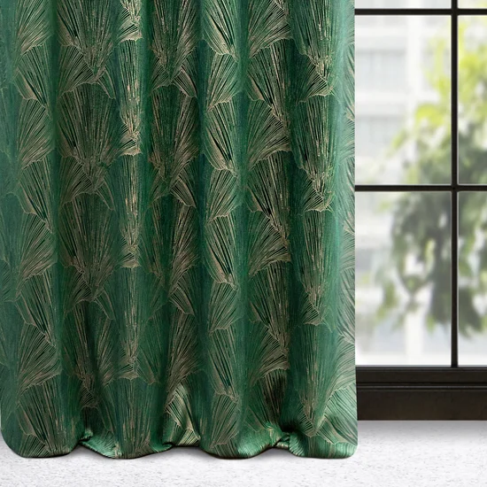 PIERRE CARDIN zasłona welwetowa GOJA z błyszczącym nadrukiem w formie liści miłorzębu - 140 x 250 cm - zielony