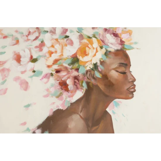 Obraz DREAMS 2 ręcznie malowany na płótnie kobieta z kwiatami na głowie - 90 x 60 cm - beżowy