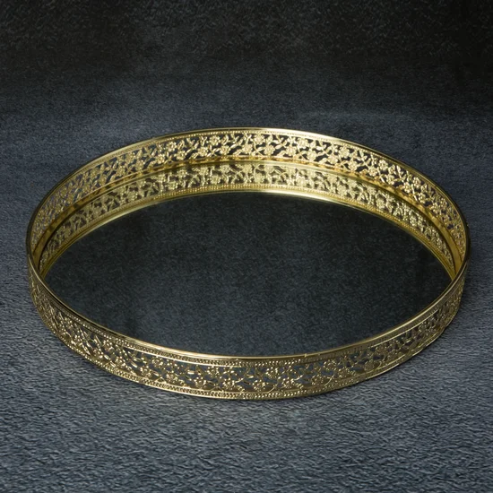 Okrągła taca dekoracyjna RIKI z lustrzanym blatem i ażurowym obrzeżem z metalu, złota - ∅ 30 x 3 cm - złoty