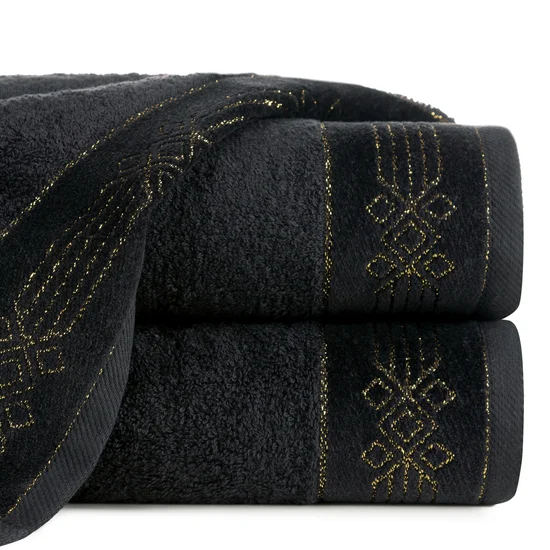 Ręcznik KAMELA bawełniany z bordiurą z geometrycznym ornamentem utkanym srebrną nicią - 50 x 90 cm - czarny