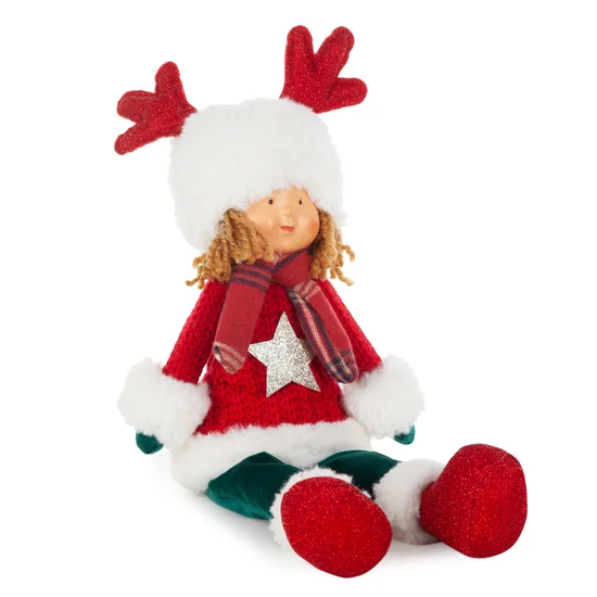 Figurka świąteczna DOLL lalka w zimowym stroju z miękkim futerkiem - 17 x 9 x 45 cm - czerwony