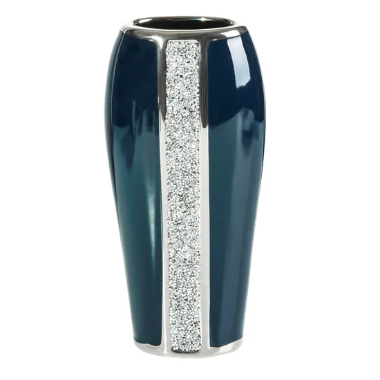 Wazon VERNA w stylu glamour zdobiony drobnymi kryształkami - 18 x 11 x 40 cm - granatowy/srebrny