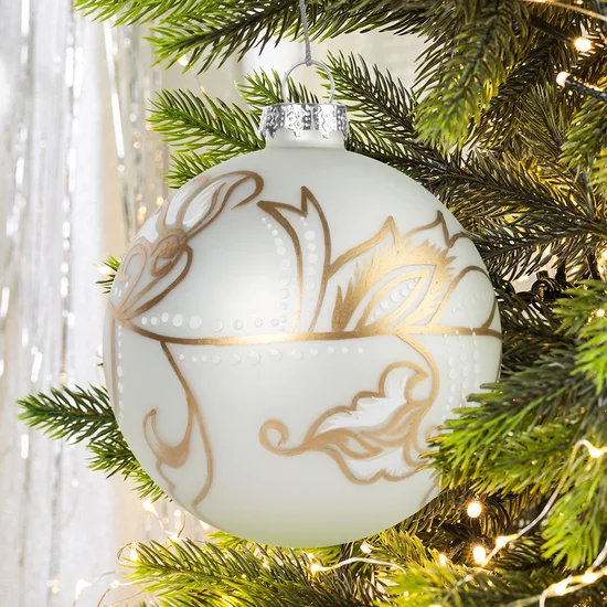 Bombka szklana biała ręcznie zdobiona malowanym złotym ornamentem - ∅ 8 cm - biały