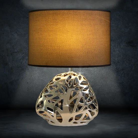 Lampka stołowa DAKOTA  na ceramicznej ażurowej podstawie z abażurem z matowej tkaniny - 37 x 19 x 52 cm - srebrny