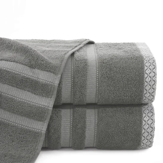 Ręcznik z żakardową bordiurą w pasy - 70 x 140 cm - stalowy