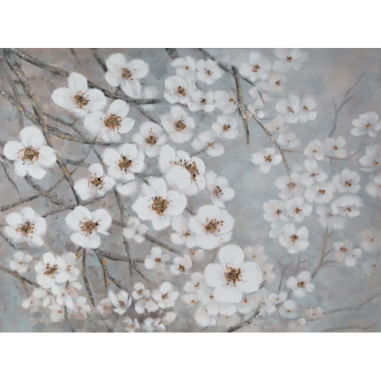 Obraz SPRING ręcznie malowany na płótnie kwitnąca gałąź - 120 x 90 cm - biały