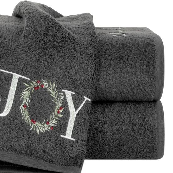 Ręcznik świąteczny SANTA 18 bawełniany z haftem z napisem JOY - 70 x 140 cm - stalowy