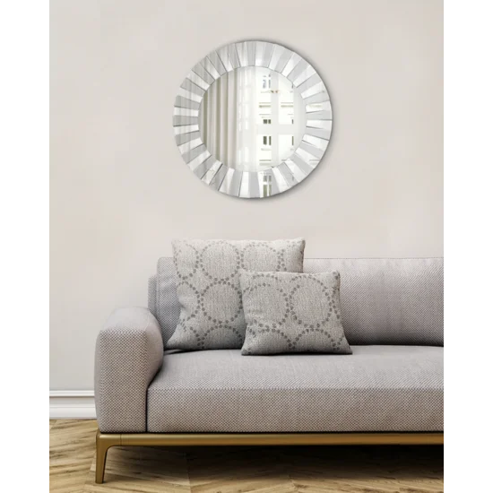 Lustro dekoracyjne okrągłe w trójwymiarowej lustrzanej ramie - 79 x 3 x 79 cm - srebrny