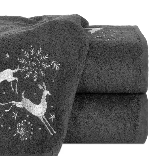 Ręcznik świąteczny SANTA 14  bawełniany z haftem z sarenkami podkreślony kryształkami - 70 x 140 cm - stalowy