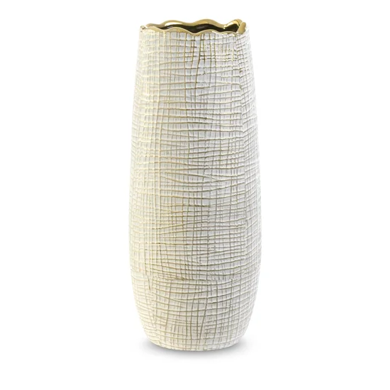 Wazon ceramiczny SELMA z wytłaczanym wzorem biało-złoty - ∅ 14 x 33 cm - biały