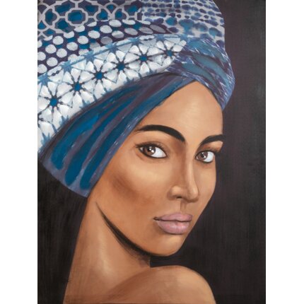 Obraz TAJEMNICA portret kobiety w turbanie ręcznie malowany na płótnie 60 x 80 cm niebieski,jasnobrązowy