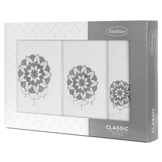 Zestaw upominkowy LOTUS 3 szt ręczników z haftem z motywem kwiatu lotosu w kartonowym opakowaniu na prezent - 56 x 36 x 7 cm - biały