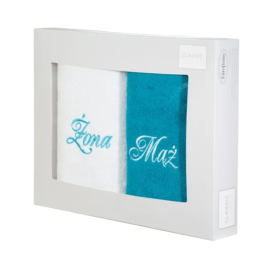Zestaw upominkowy 2 szt ręczników  z haftem ŻONA i MĄŻ w kartonowym opakowaniu na prezent - 47 x 37 x 7 cm - biały