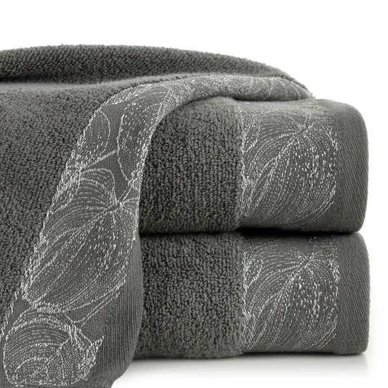 Ręcznik AGIS z żakardową bordiurą z motywem liści, ZERO TWIST - 50 x 90 cm - stalowy