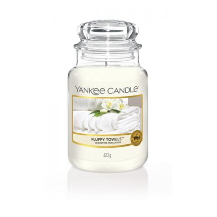 YANKEE CANDLE - Duża świeca zapachowa w słoiku - Fluffy Towels ∅ 11 x 17 cm biały