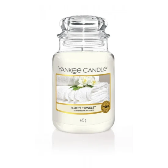 YANKEE CANDLE - Duża świeca zapachowa w słoiku - Fluffy Towels - ∅ 11 x 17 cm - biały