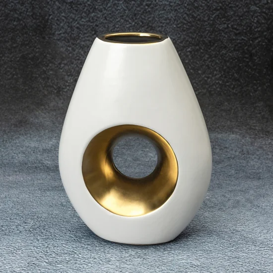 Wazon ceramiczny MIRA z otworem biało-złoty - 15 x 7 x 20 cm - biały