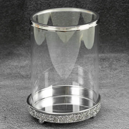 Świecznik dekoracyjny FIN z metalu ze szklanym kloszem dekorowany srebrzystymi kryształkami - ∅ 14 x 20 cm - transparentny