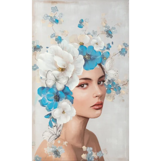 Obraz ROMANCE 3 portret kobiety w nakryciu głowy z kwiatów ręcznie malowany na płótnie w ramie - 60 x 100 cm - niebieski