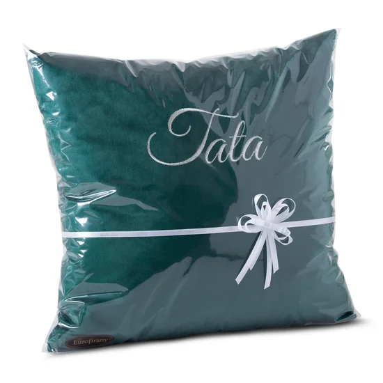 Kompozycja prezentowa - poduszka z haftem TATA - 40 x 40 x 5 cm - butelkowy zielony
