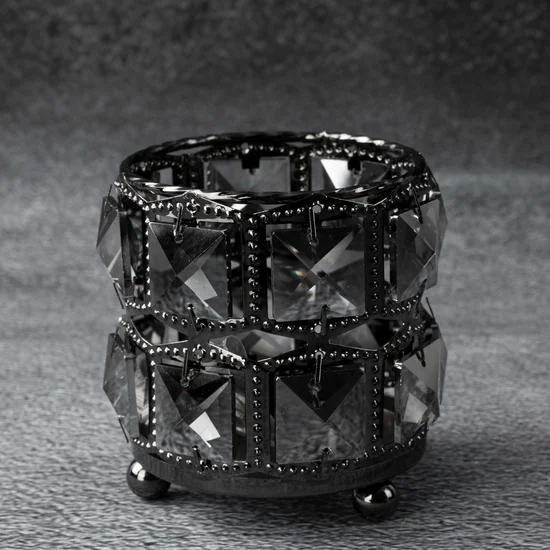Świecznik HANA 3 z metalu szkła i kryształków w stylu glamour - ∅ 10 x 9 cm - czarny