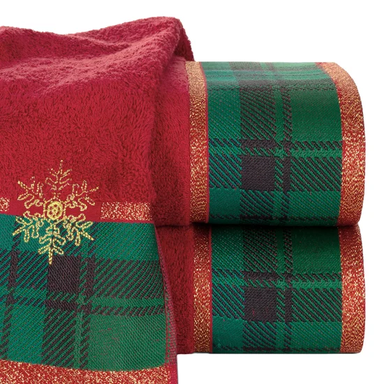 Ręcznik świąteczny CHERRY 01 bawełniany z żakardową bordiurą w kratkę i haftem ze śnieżynkami - 70 x 140 cm - czerwony