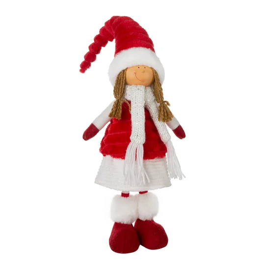Figurka świąteczna DOLL lalka w zimowym stroju z miękkich tkanin - 16 x 10 x 52 cm - biały