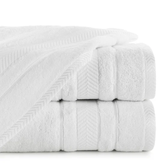 Ręcznik z żakardową bordiurą w geometrycznym stylu - 50 x 90 cm - biały