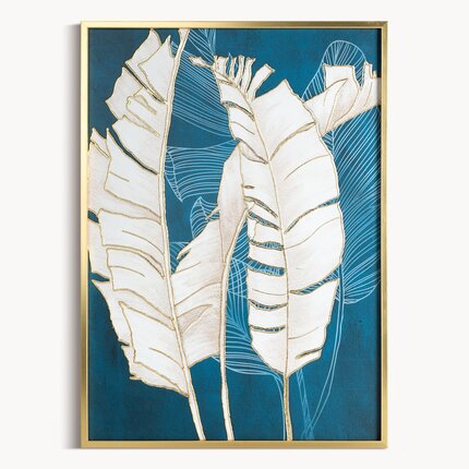Obraz nadruk na płótnie z motywem liści bananowca 50 x 70 cm turkusowy,złoty | Eurofirany